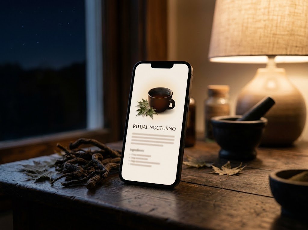 Smartphone mostrando una recipe card digital con líquido oscuro y hierbas
