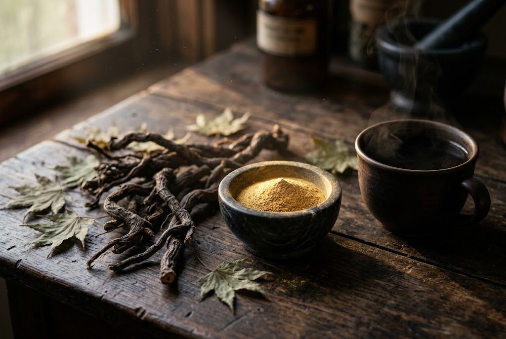 Raíces y hojas japonesas con polvo dorado sobre mesa de madera