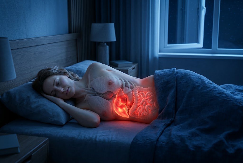 Cuerpo femenino durmiendo con el hígado resaltado en rojo